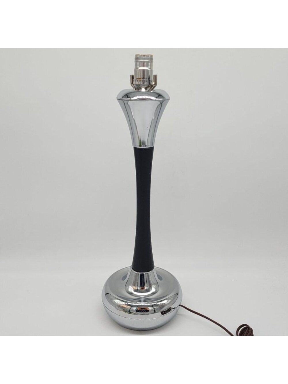 MCM Chrome & Black Painted Wood Base Table Lamp 20.5" Tall
